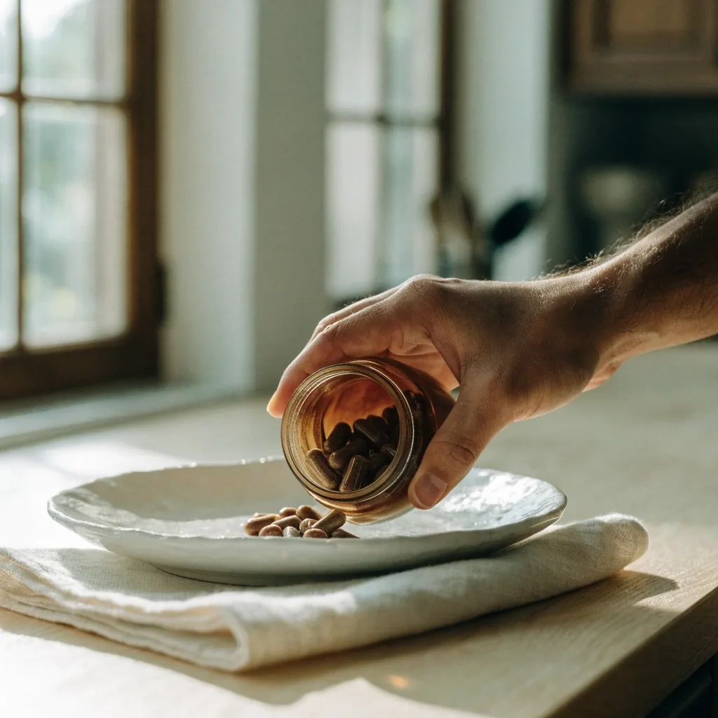 Coin de cuisine lumineux avec un flacon ambré, un bol de minéraux et une serviette en lin