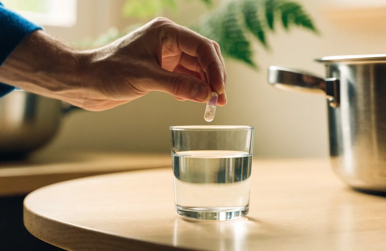 Matin lumineux dans une cuisine : main posant une gélule végétale près d'un verre d'eau sur une table claire