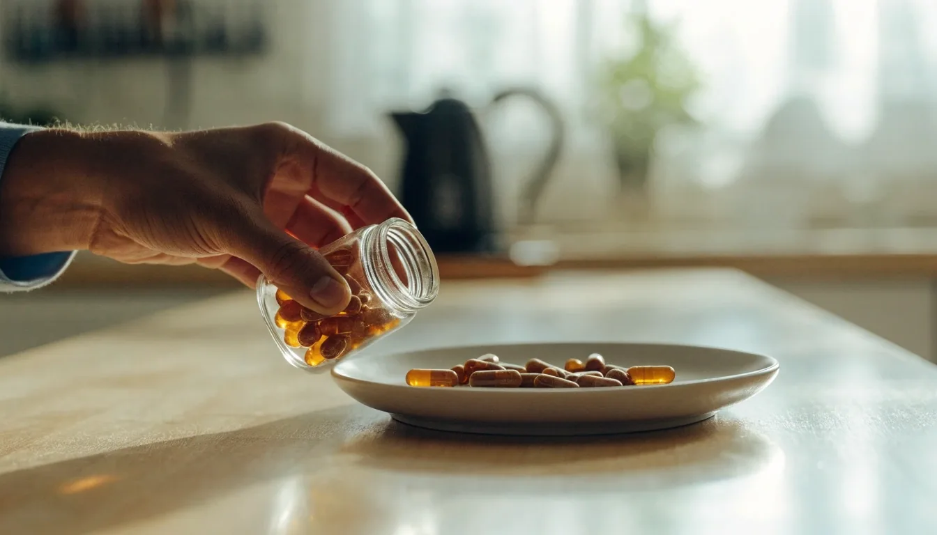 Préparation de gélules végétales sur un plan de travail clair, avec un bol en verre et des gélules ambrées dans une lumière du matin