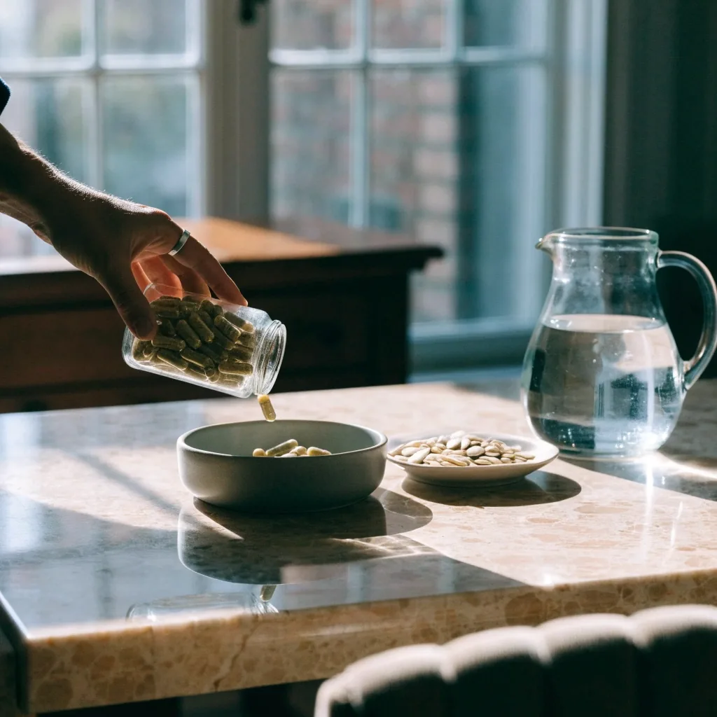 Coin de cuisine lumineux à Marseille avec un flacon de capsules non étiqueté et une coupelle de graines sur un plan de travail clair