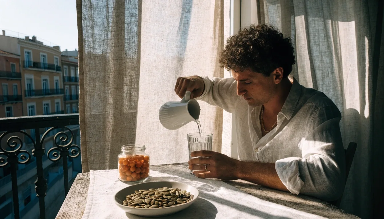 Comptoir de cuisine baigné de lumière du matin avec une petite coupelle de minéraux et un flacon en verre non étiqueté