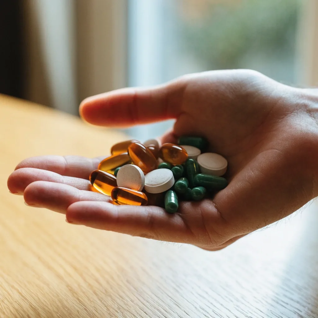Capsules ambrées translucides posées sur une pierre mate pâle, éclairées de côté