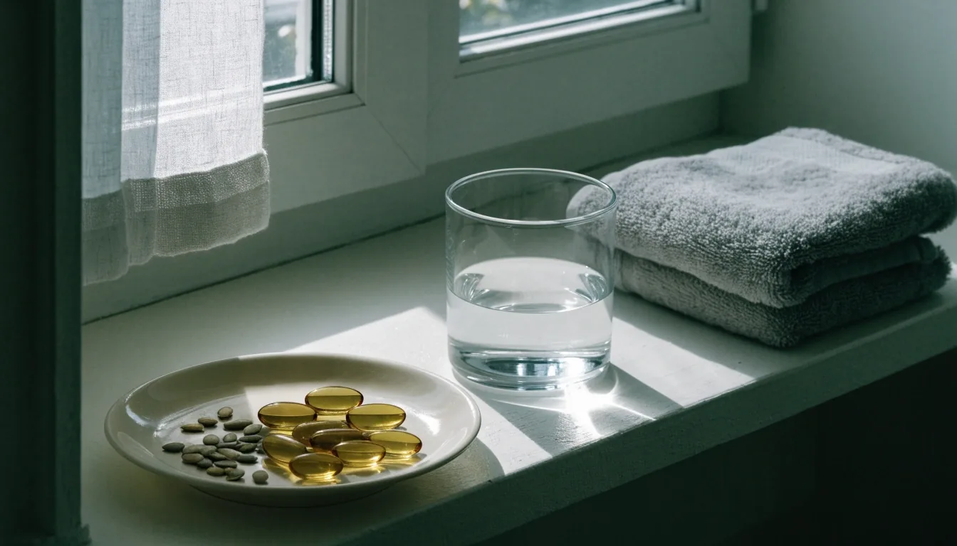 Coin de comptoir de cuisine éclairé le matin, avec un flacon de verre ambré sans étiquette et un bol de flocons de magnésium